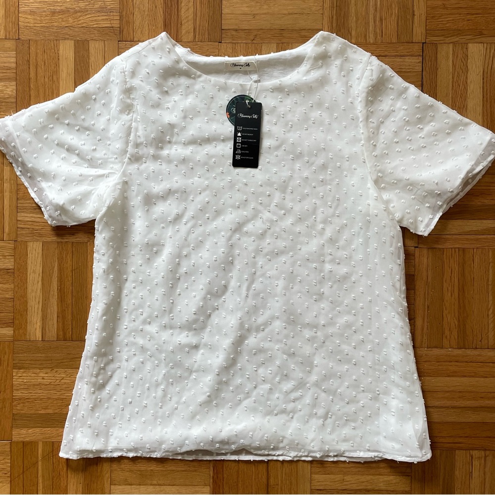 White chiffon pompom blouse top with short sleeves